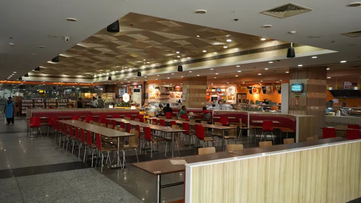 Food court dining area and kiosks at MSX Mall, Greater Noida