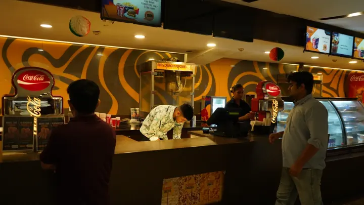 Concession counter and popcorn at MSX Cinemas, Greater Noida