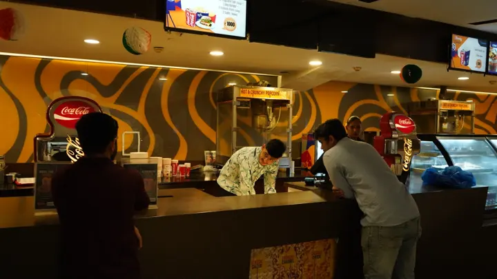 Concession counter and popcorn at MSX Cinemas, Greater Noida